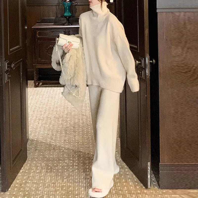 Women's beige acrylic fibre sweater and wide-leg trousers two-piece casual set.