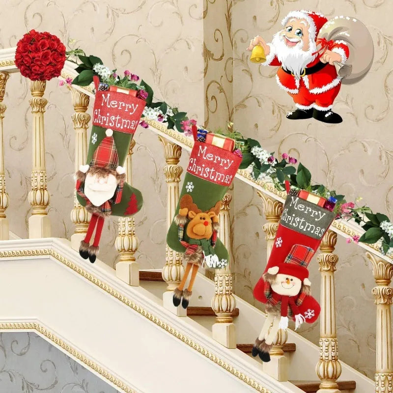 Three large Christmas stockings with Santa, Snowman and Reindeer 3D designs hanging for holiday decoration