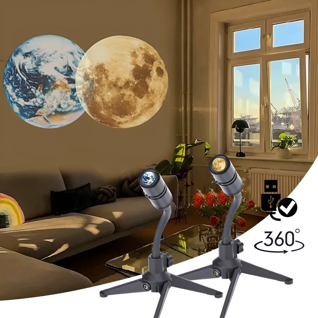 White ABS star projector with flexible hose, showing earth and moon projection chips and USB cable.