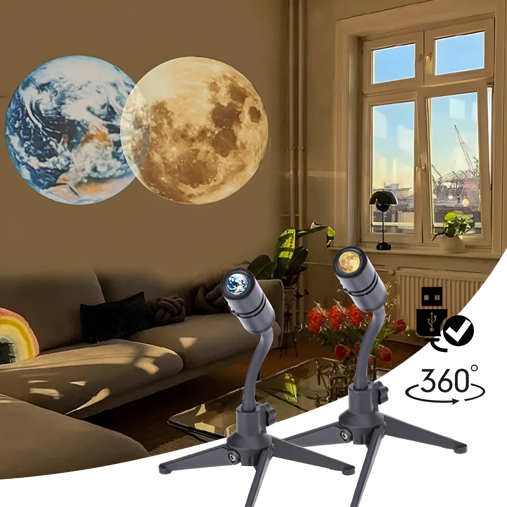White ABS star projector with flexible hose, showing earth and moon projection chips and USB cable.