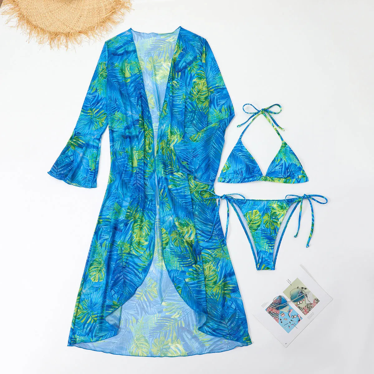 European and American printed three-piece swimsuit set with coat, top, and shorts in blue flower and green flower options.