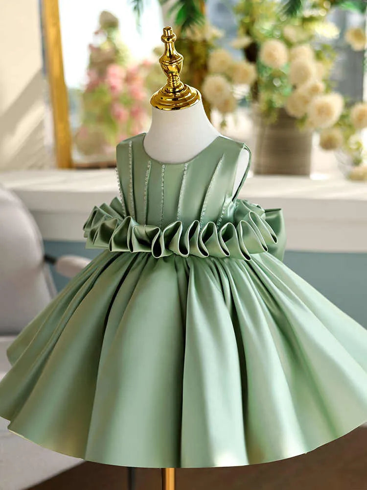 Girls' fruit green satin sleeveless slim-fit party dress on white background, multiple height options