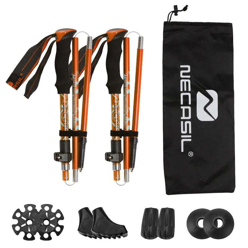 Aluminium alloy hiking cane with adjustable height, black colour, folded for storage