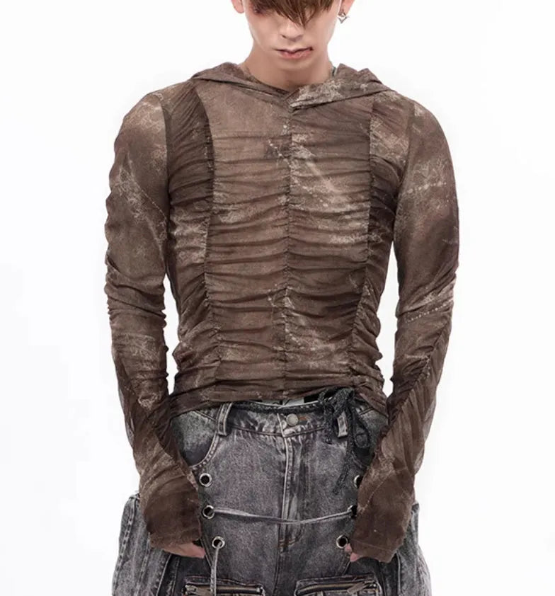Boys lightweight ice silk shirt with printing pleating details in picture colour