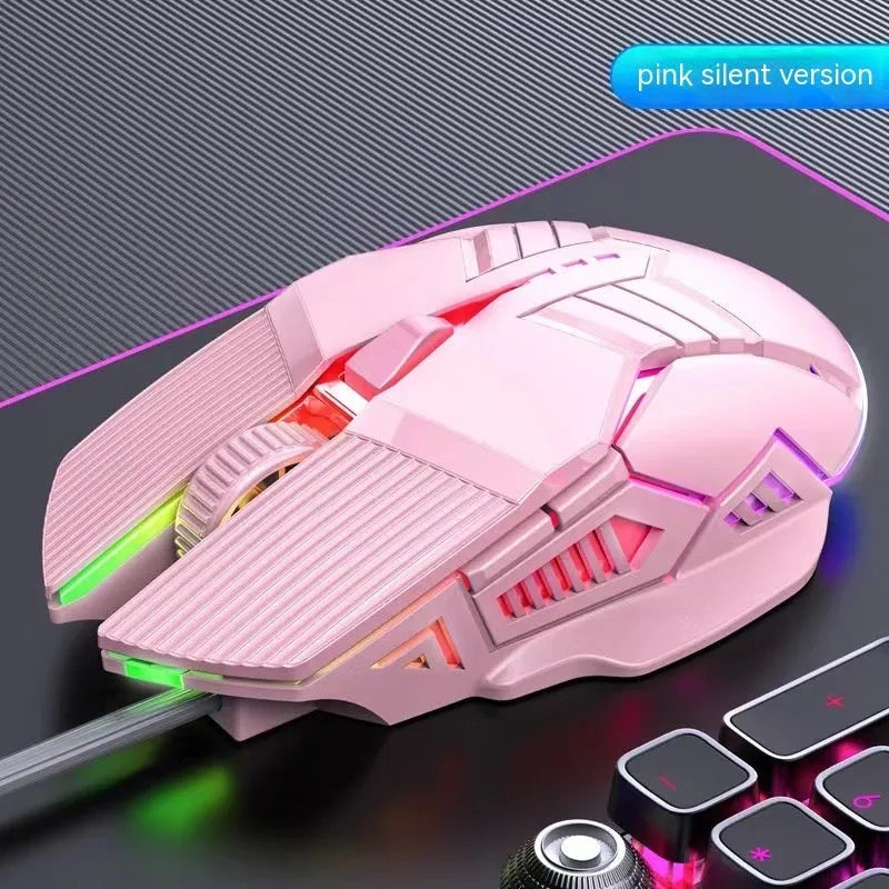 Wired mouse 6D colourful luminous mute version in black, white, and pink with USB cable