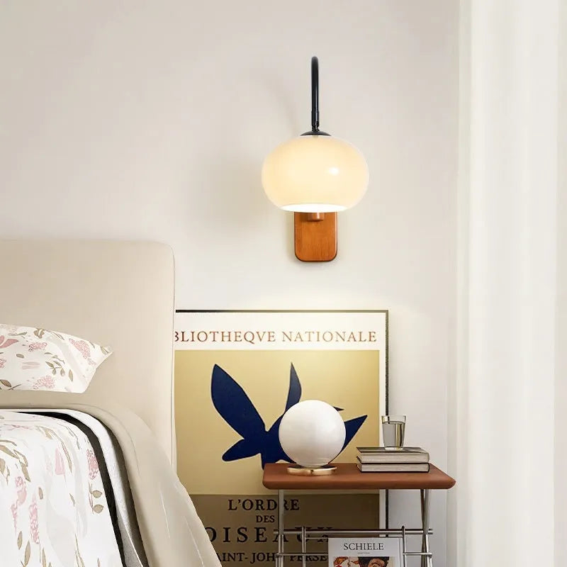 Creative retro glass wall LED lamp with walnut colour iron finish and milky white 32cm shade