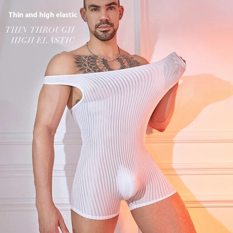 Men's striped jumpsuit in lightweight nylon fabric with vertical bar pattern