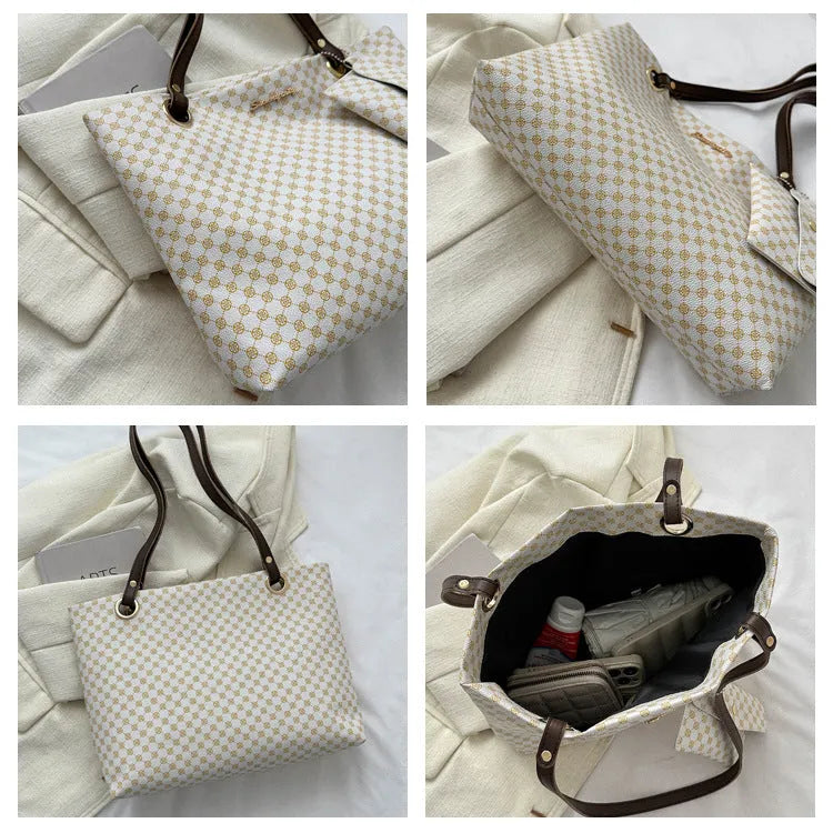Large capacity casual retro printed shoulder underarm bag in PU with stitching