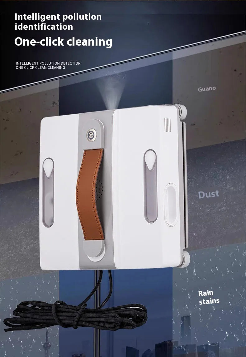 White intelligent window cleaning robot on a glass window, dimensions 220mm by 220mm by 70mm.