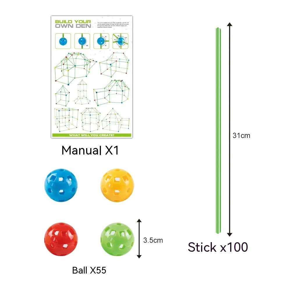 Luminous plastic fort building kit for kids with glowing sticks, balls, and fabric tent