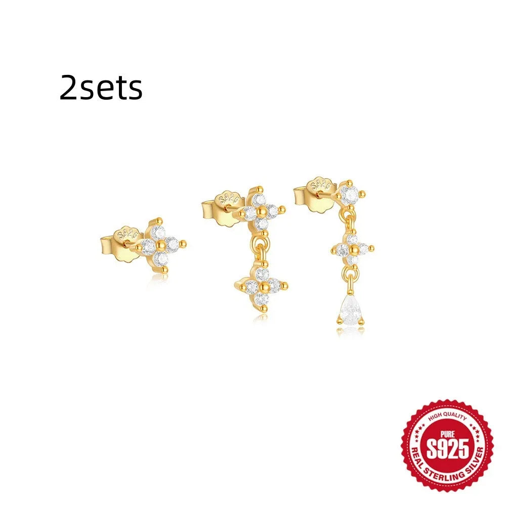 Set of three S925 sterling silver geometric stud earrings with zircon accents in gold tone.