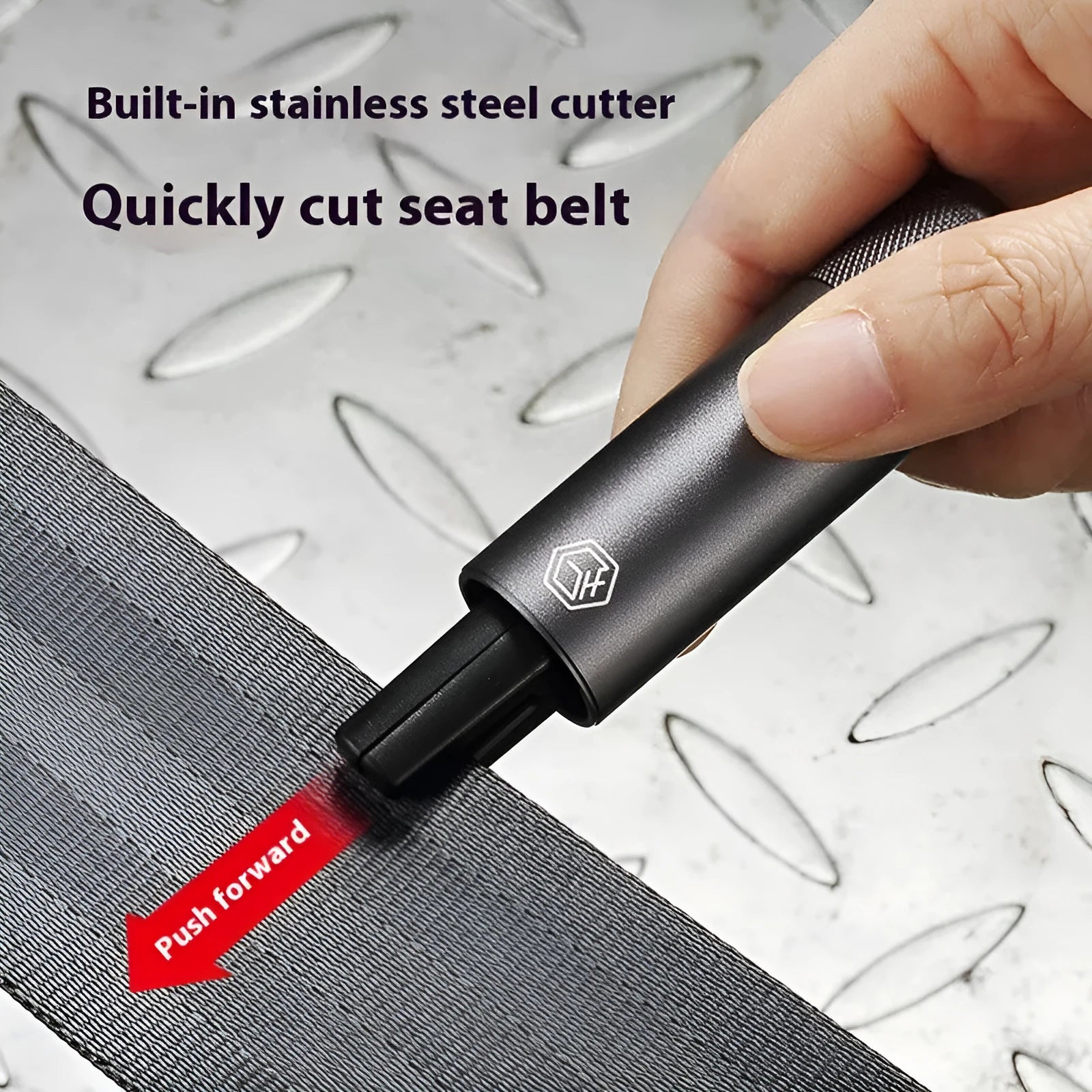 Gun grey aluminium safety hammer with window breaker and seatbelt cutter on 3M rubber mount