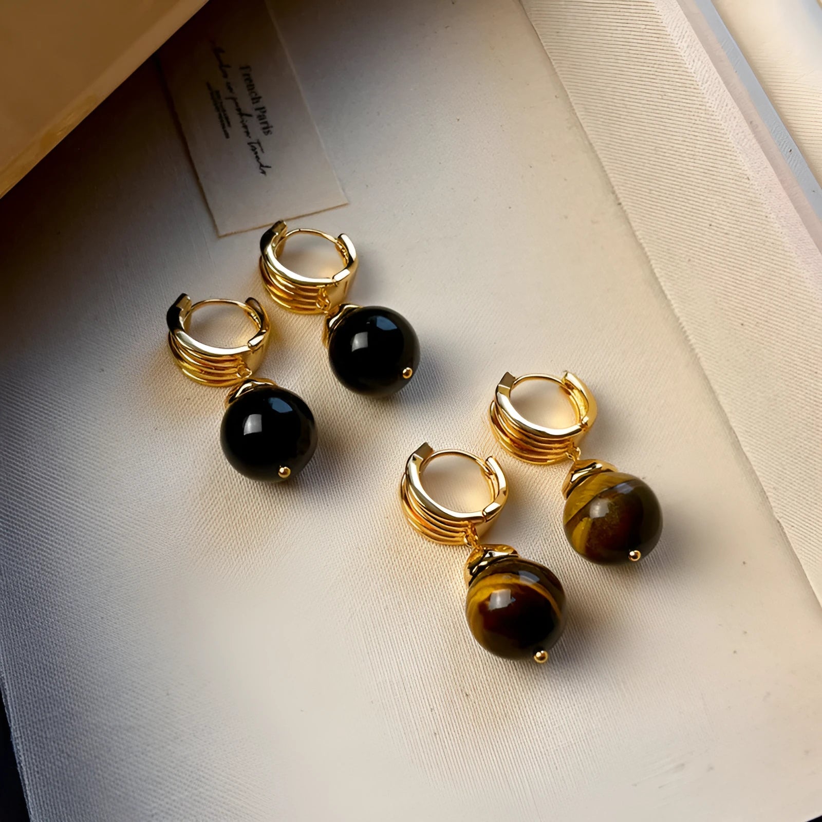 Maillard Tigereye geometric earrings with French retro style and real gold plating