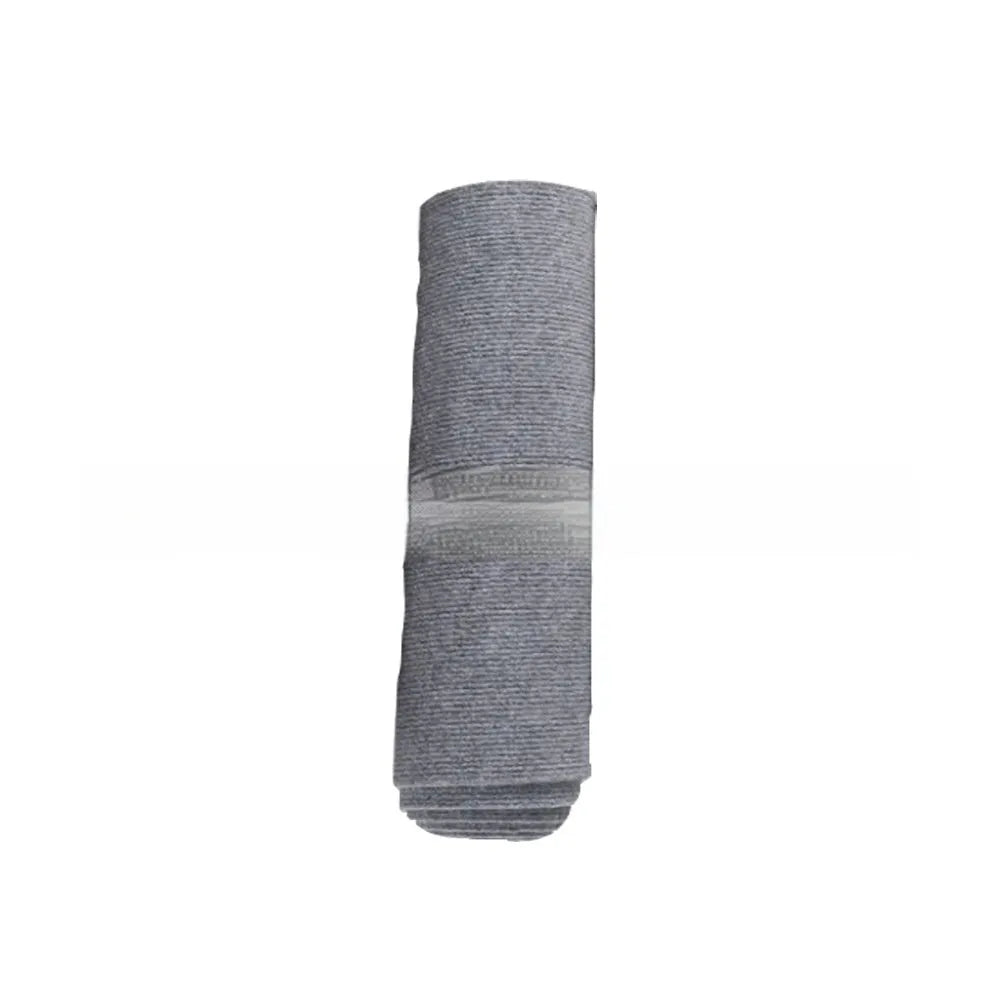Self-adhesive cat scratch carpet mat in beige, trimmed to fit sofa arm, with scissors and roll packaging