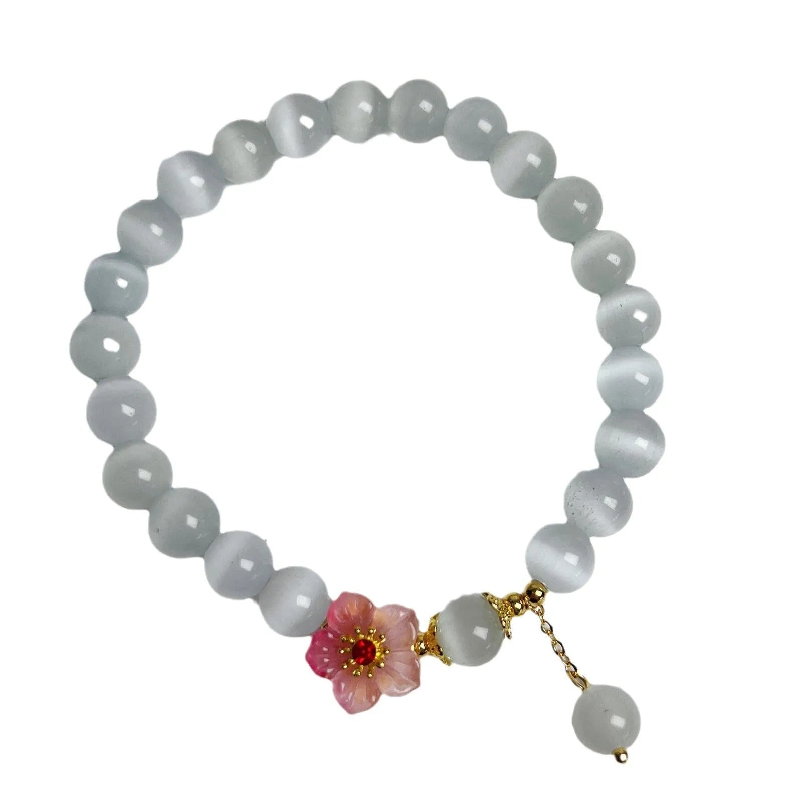 White opal flower beaded bracelet Chinese style with glass and coloured glaze beads