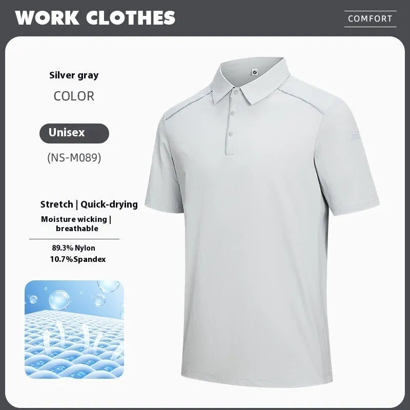 Men's solid colour quick-dry polo shirt in nylon blend fabric on a hanger.