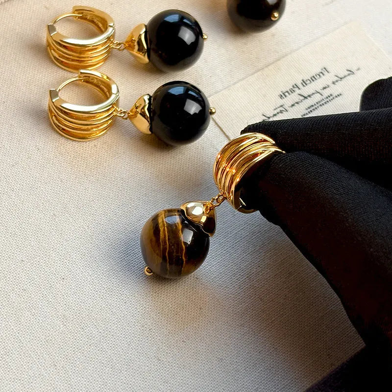 Maillard Tigereye geometric earrings with French retro style and real gold plating