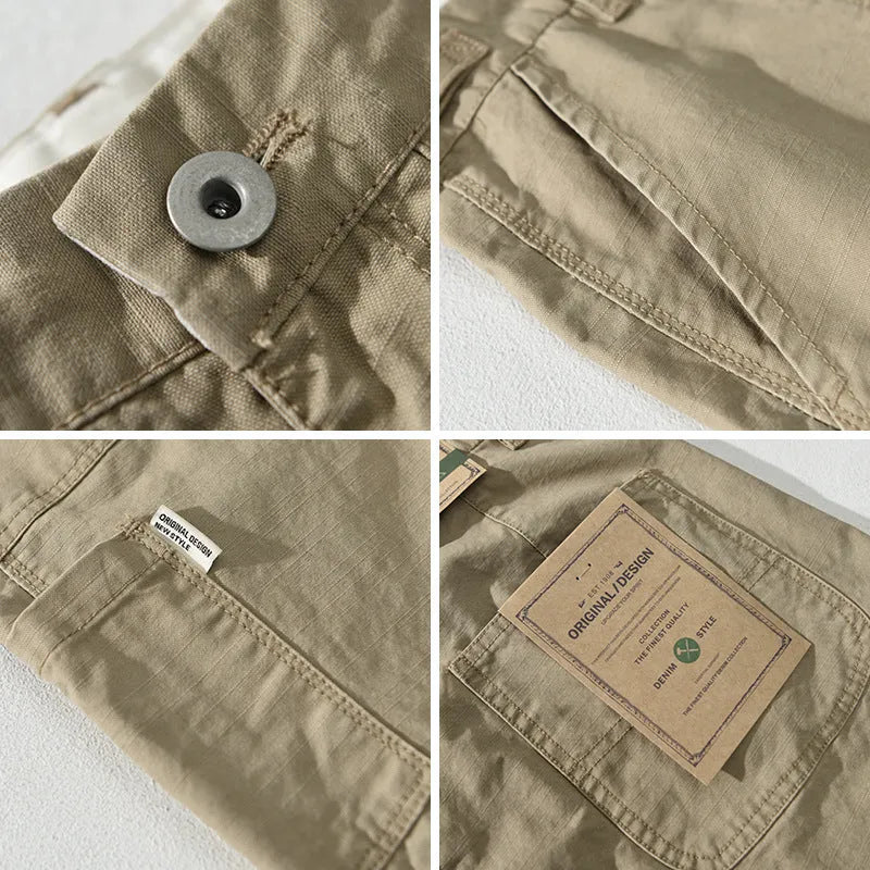 Men's straight-leg cotton trousers in army green, apricot and brown colours with mid-waist fit