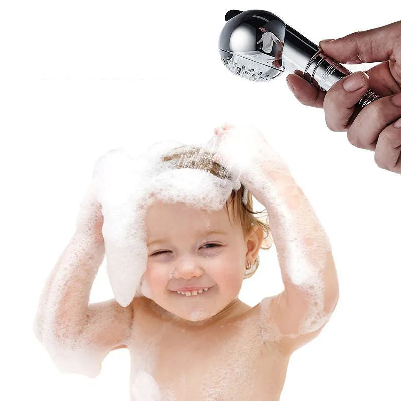 Silver handheld pet shower head with non-pressurised gentle spray for baby and pet baths
