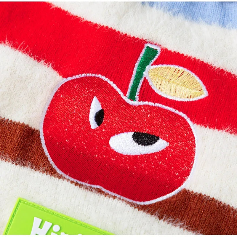 Corgi special rainbow apple striped knitted dog pullover sweater in brown and white on a light background
