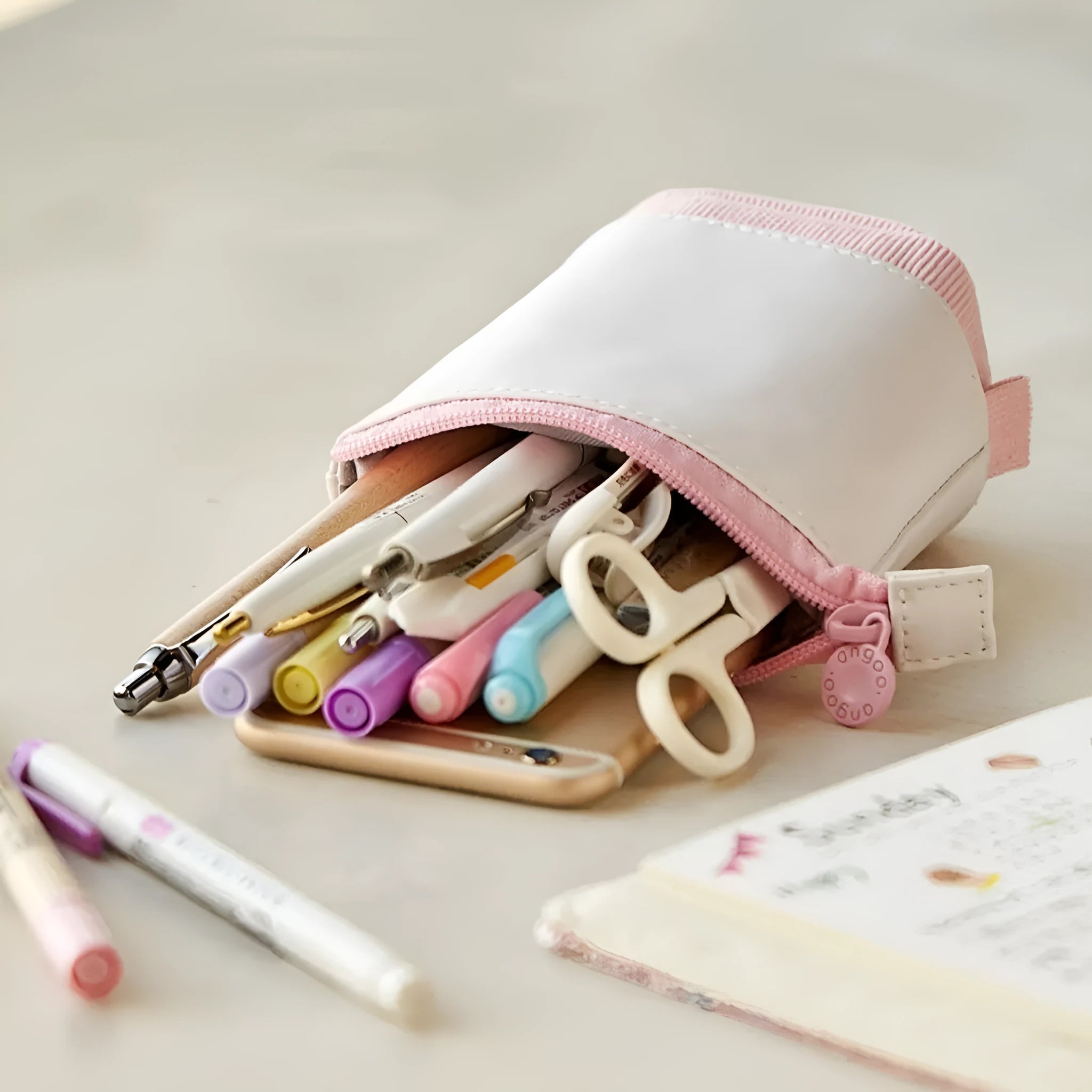 Korean-style telescopic stationery case in purple PU corduroy with drop-down expanded design