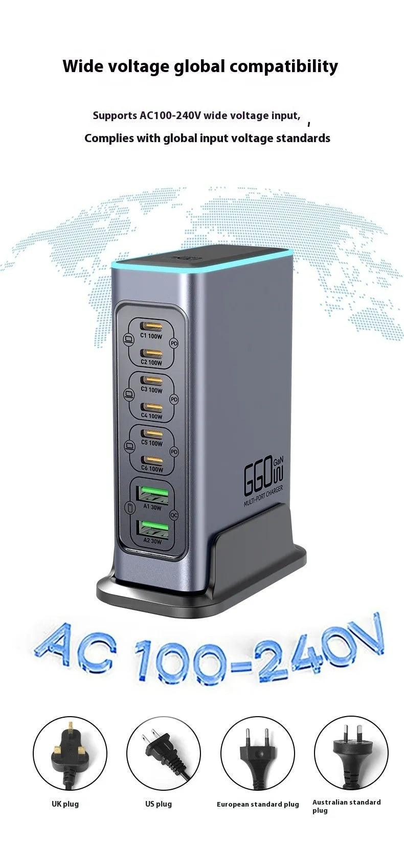 660W gallium nitride desktop fast charger with multiple international plug types