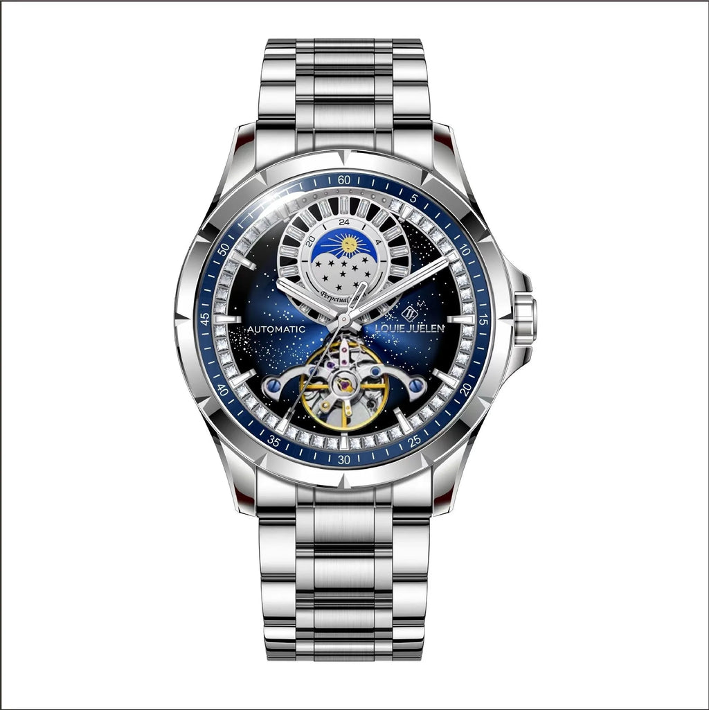 Men's silver alloy automatic mechanical watch with blue dial and stainless steel strap