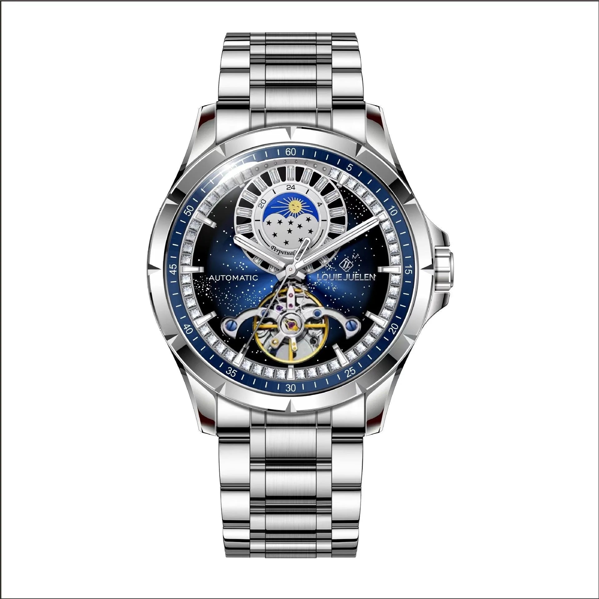 Men's silver alloy automatic mechanical watch with blue dial and stainless steel strap
