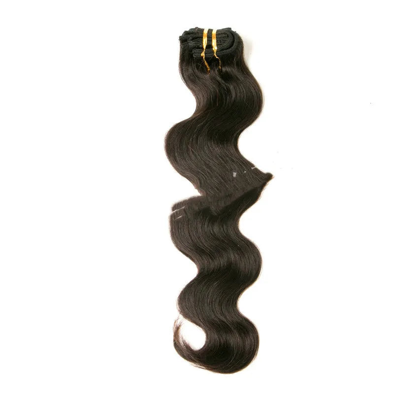 Seven-piece clip-in real hair wig set with lengths from 16 to 24 inches in natural shades