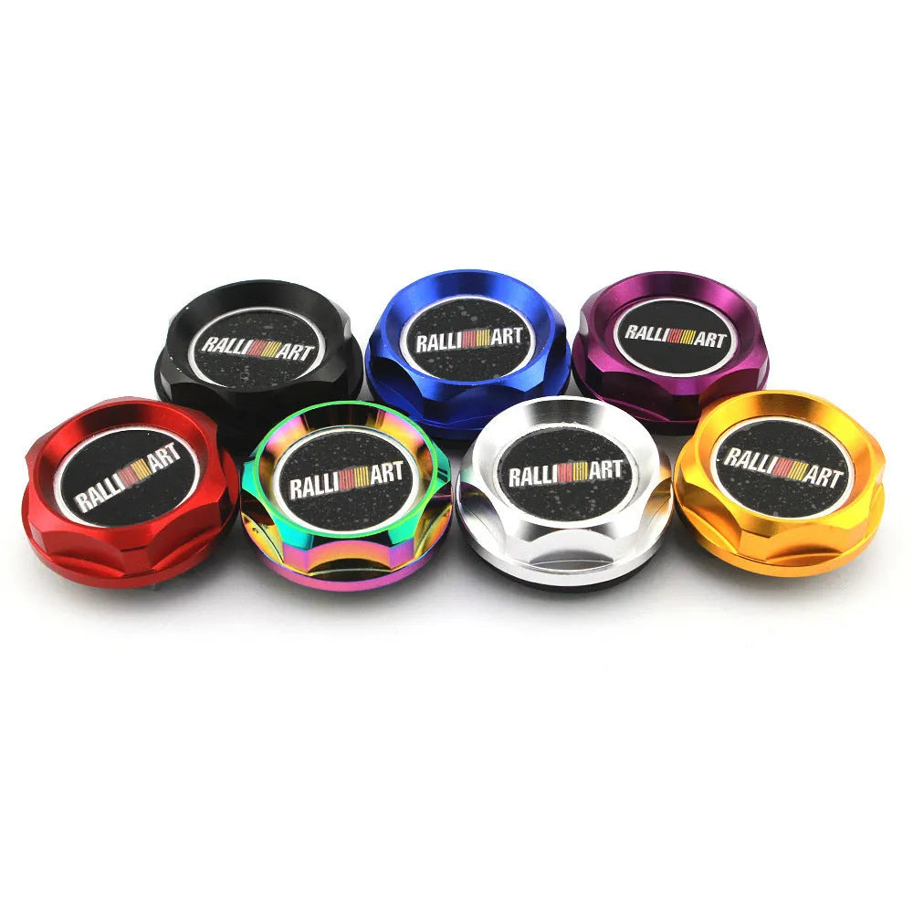 Aluminium alloy oil filter cap for Mitsubishi cars in red, blue, gold, silver, black, and purple colours.