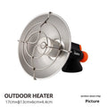 Black and orange portable outdoor heating stove with automatic ignition on a camping table.