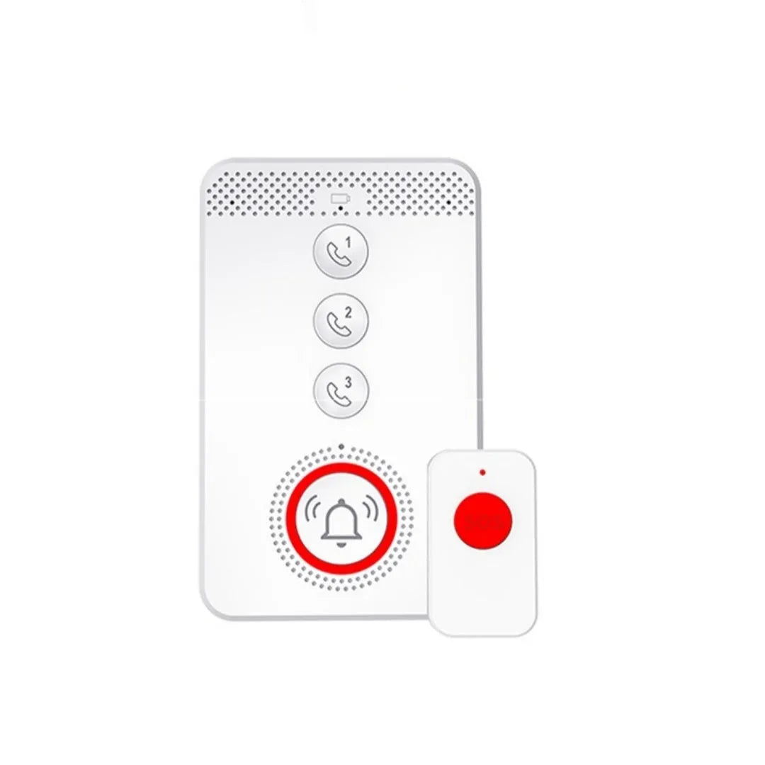 White one-click voice emergency alert device with a main buzzer unit and three portable call buttons.