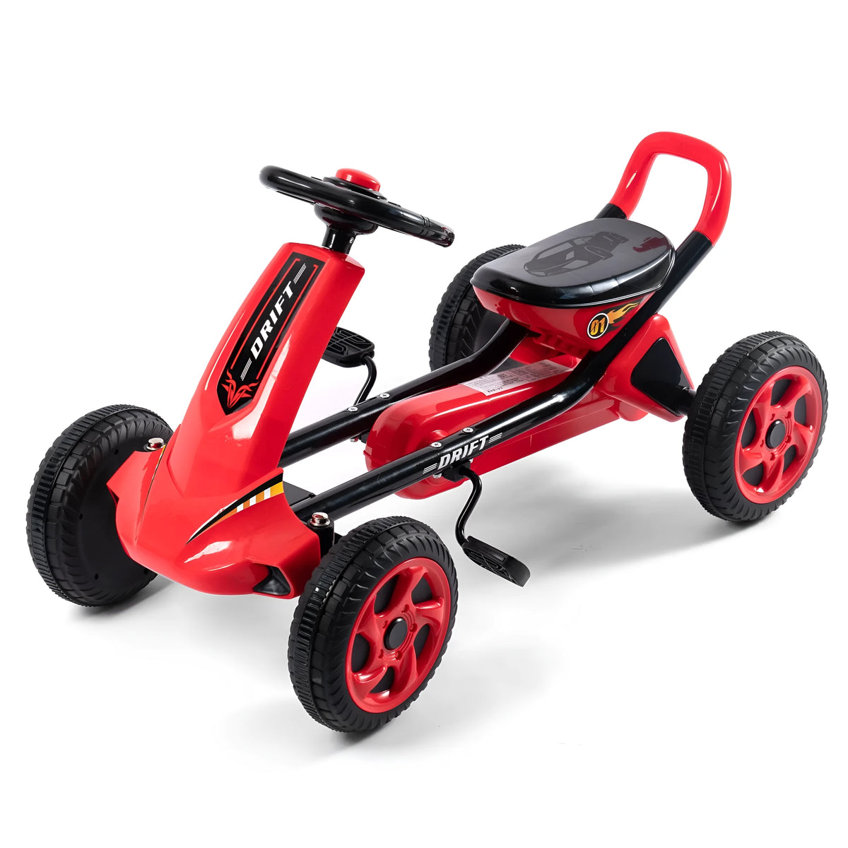 Red metal children's pedal karting four-wheel bike on outdoor surface