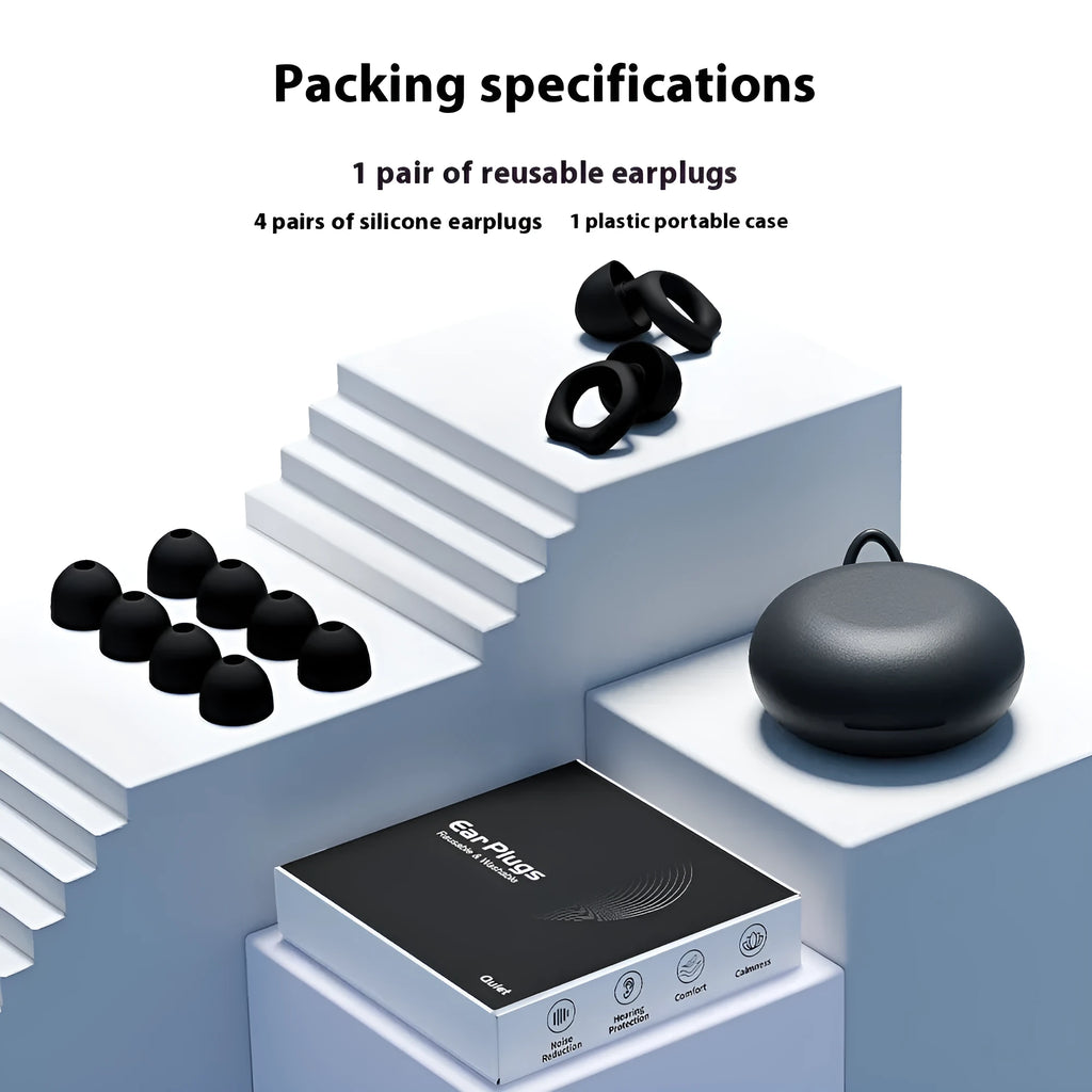 A pair of reusable silicone soundproof earplugs in one of five colours: black, blue, green, purple, or white.