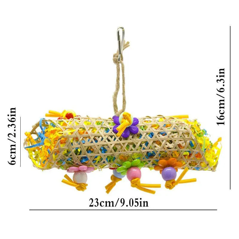 3pcs bird toy set with natural bamboo, cotton rope, brushed rattan ball and grass wooden elements in multicolour