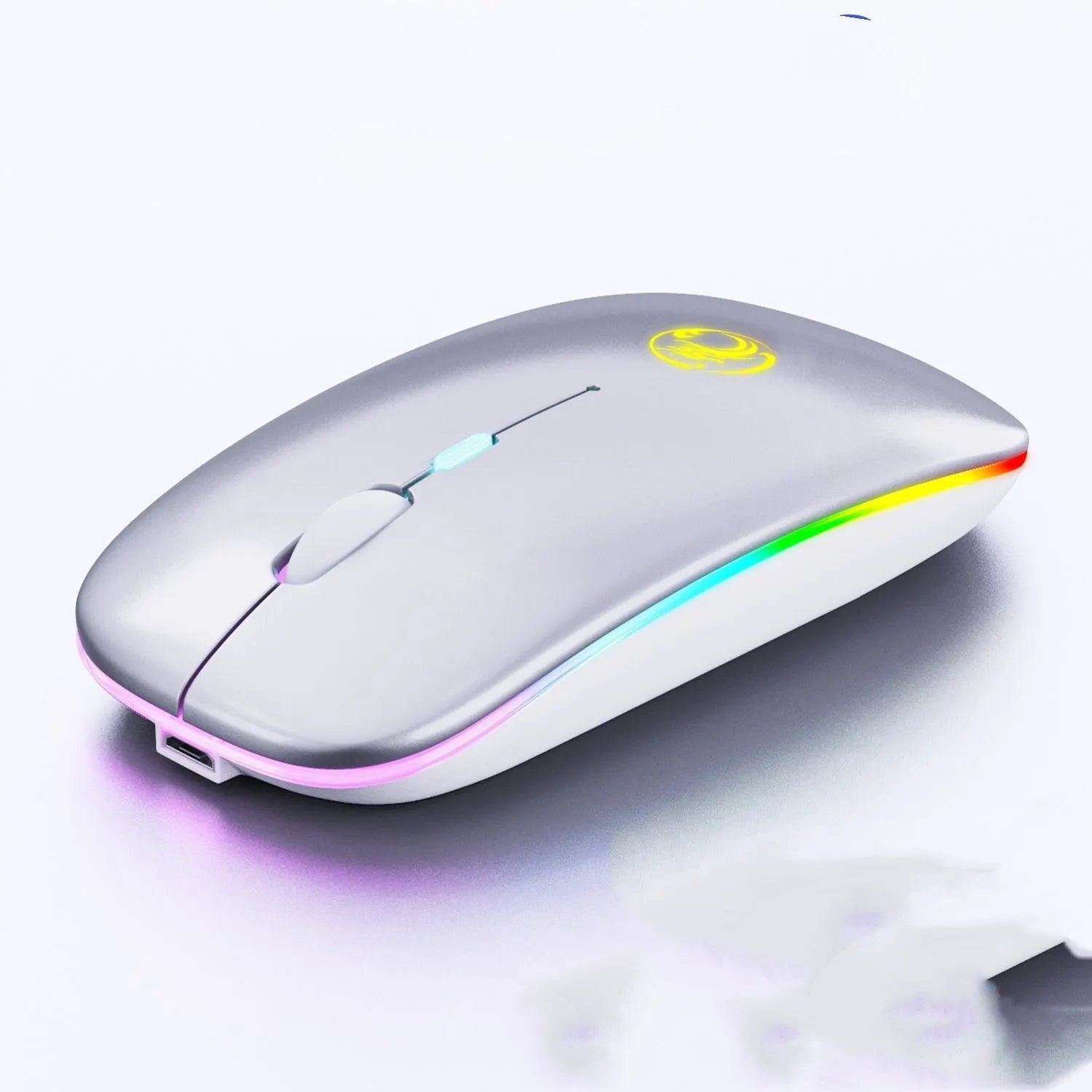 Black and white rechargeable dual-mode wireless mouse with silent buttons on a desk.