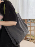 Canvas tote shoulder bag in plaid or striped design with multi-layer compartments