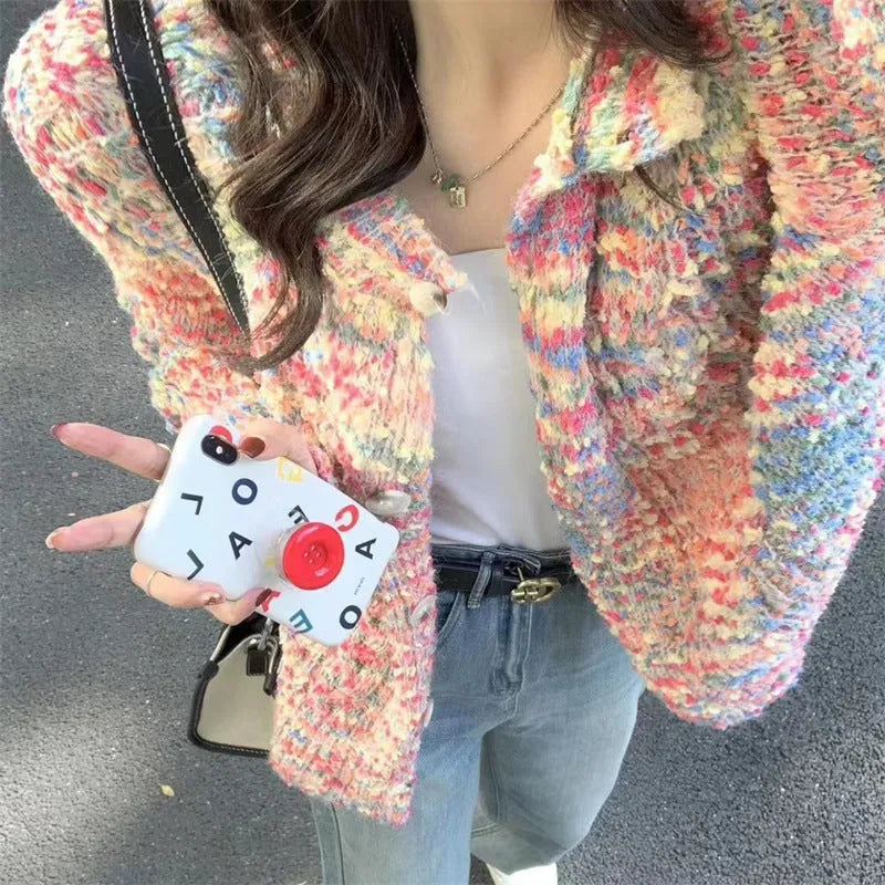 Retro style acrylic knitted cardigan sweater with toothbrush hair texture in pink or green colour options