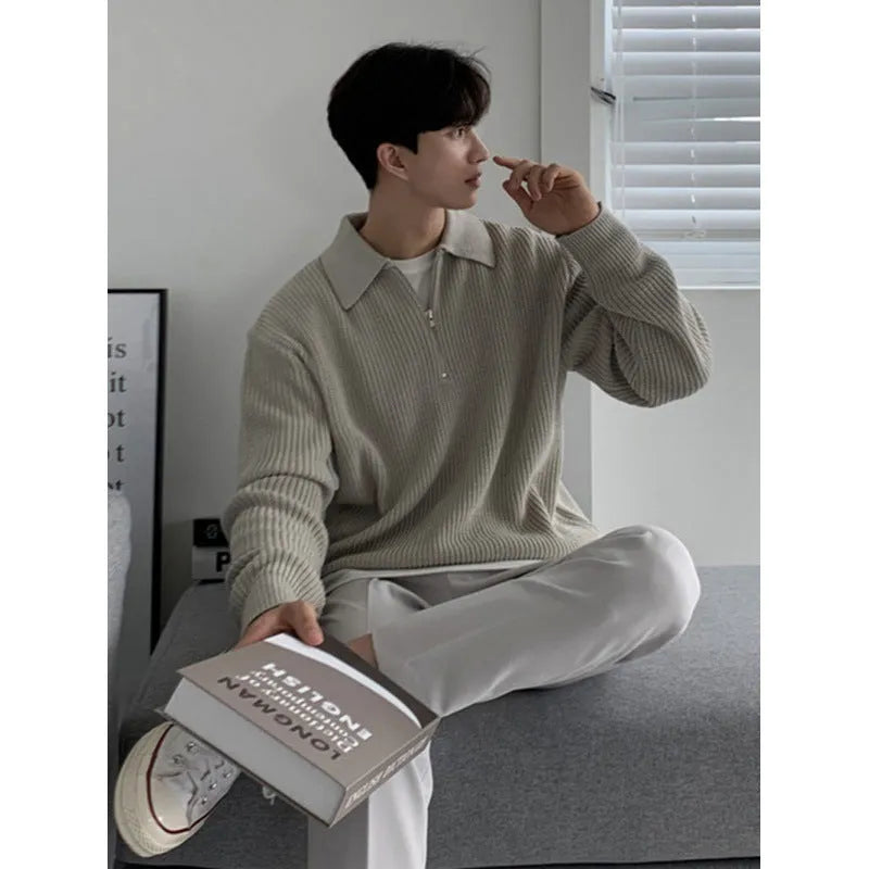 Long-sleeved solid colour sweater coat in polyester, available in khaki grey black