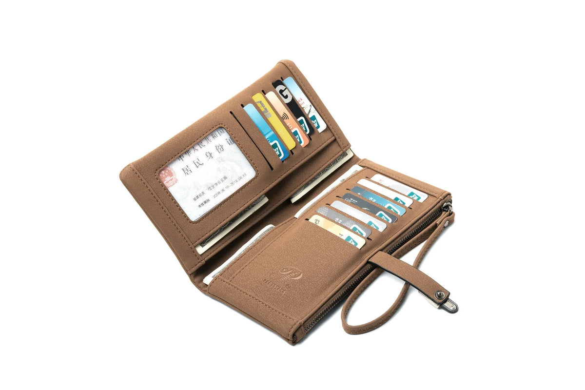 Long female wallet simple clutch in solid colour PU leather with zip closure, apricot