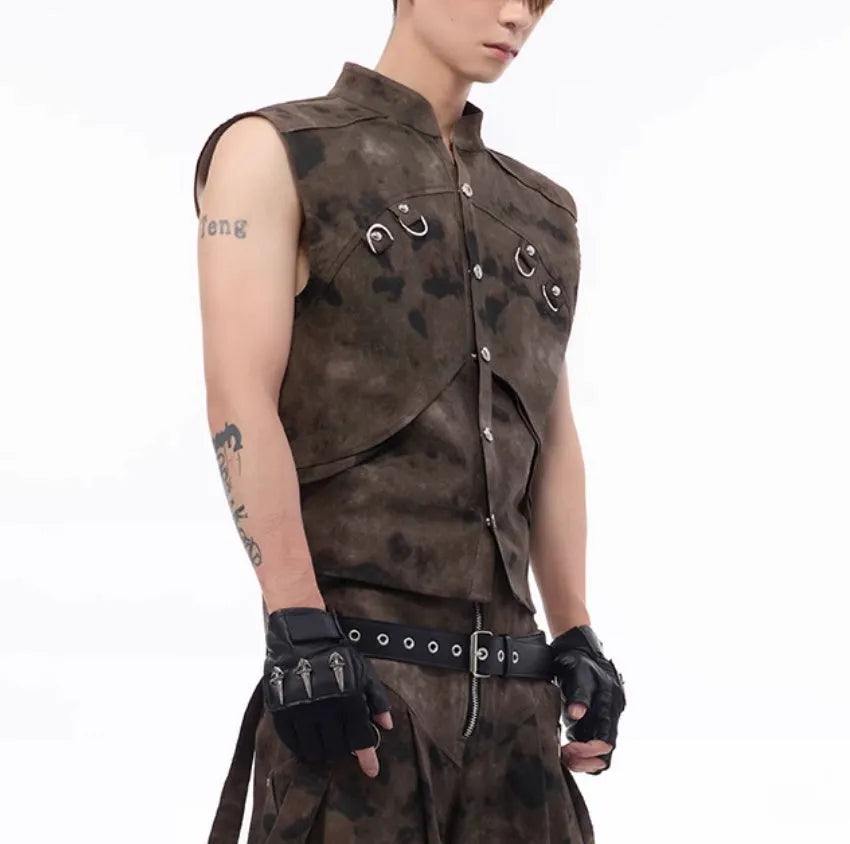 Men's denim vest and camouflage trousers set shown on a model, featuring a semi-high collar and button front.