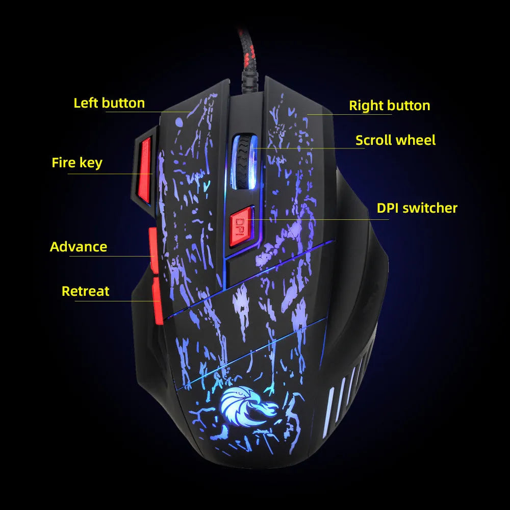 Water crack colourful luminous gaming mouse with USB cable on desktop