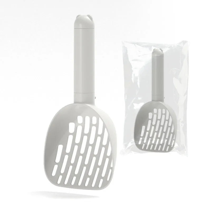 White ABS plastic cat litter scoop with storage base and hidden waste bag compartment