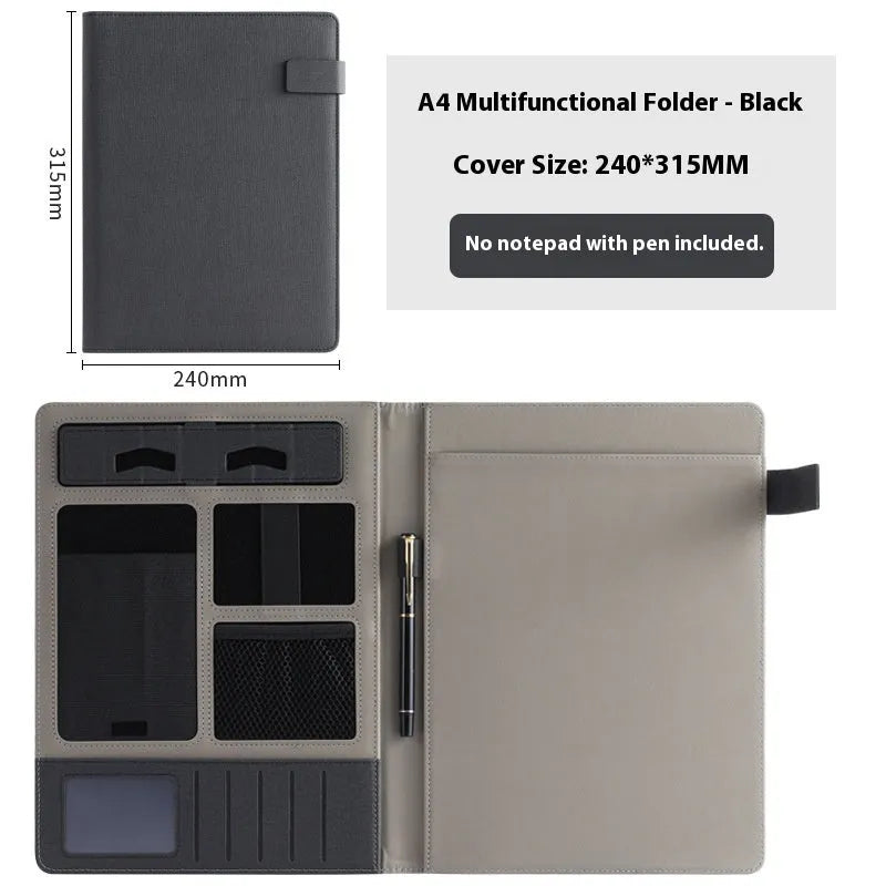 Leather A4 business folder in black, open to show 35mm thick plate and space for documents