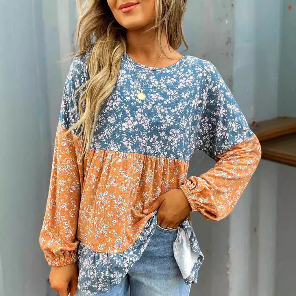 Women's digital printed floral chiffon shirt in orange with contrast colour, loose pullover style, round neck