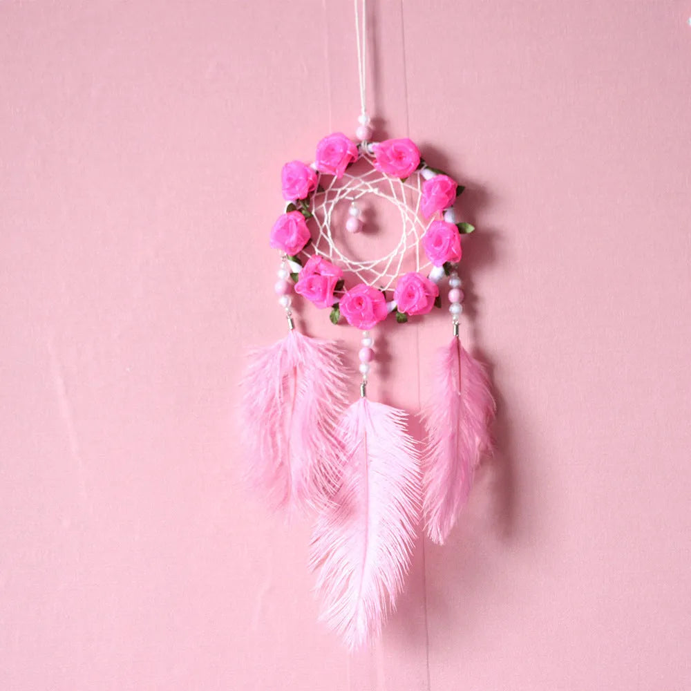 Pink dreamcatcher wind chime wall ornament with ostrich feathers, 10cm diameter