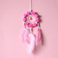 Pink dreamcatcher wind chime wall ornament with ostrich feathers, 10cm diameter