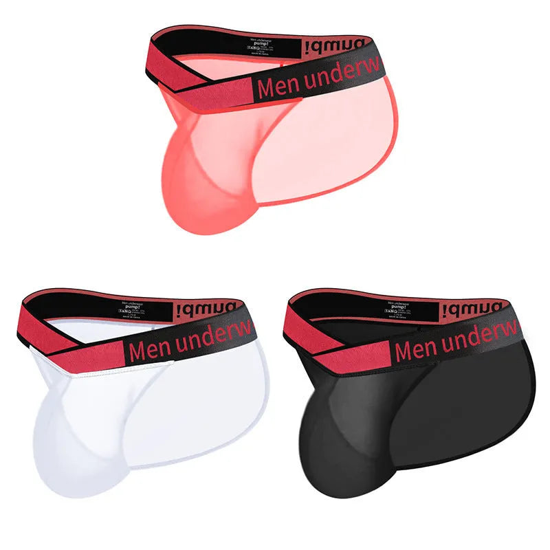 Men's transparent ice silk breathable underwear in black, red, or white with large V gradient high fork design