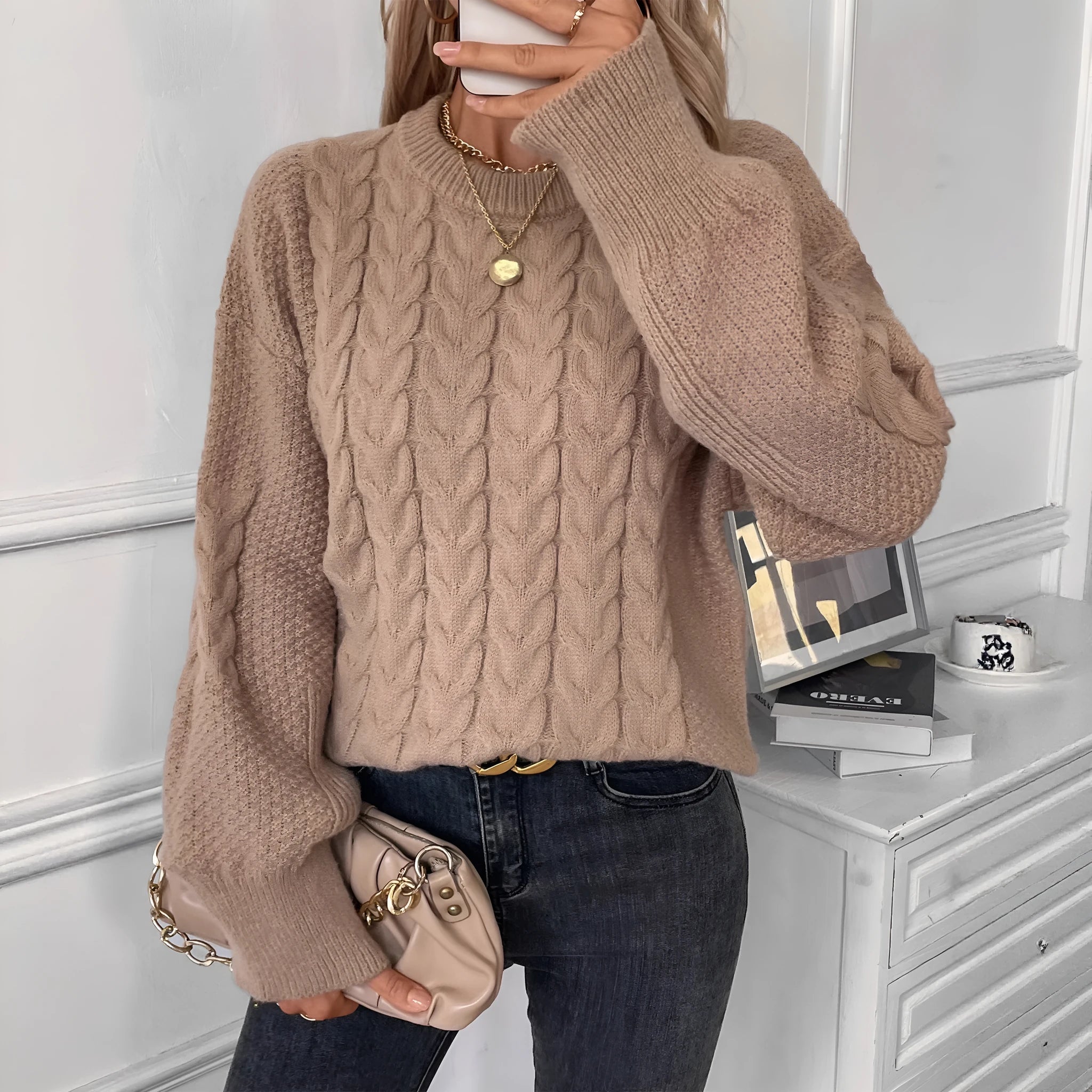 Women's khaki loose sweater with twist detail and round neck