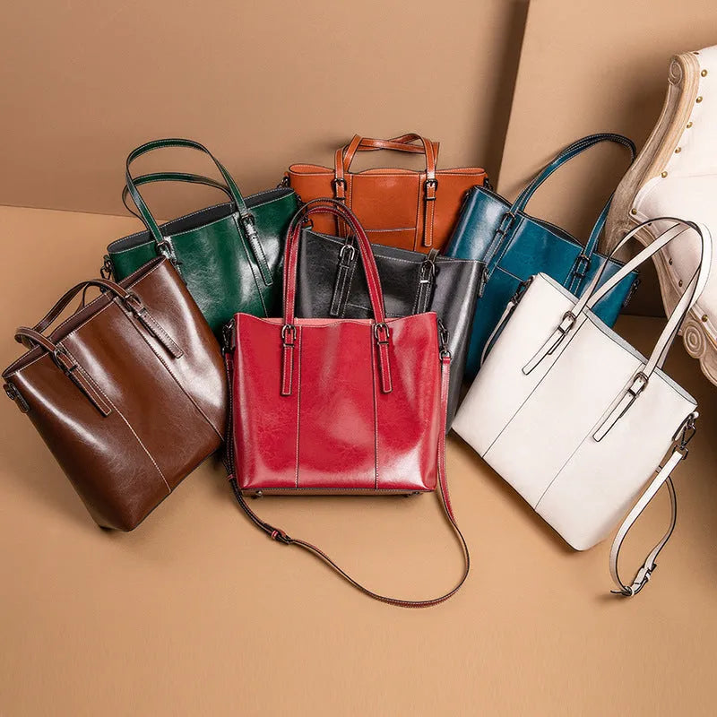 Genuine leather women's retro shoulder bag in brown with multiple compartments and detachable straps
